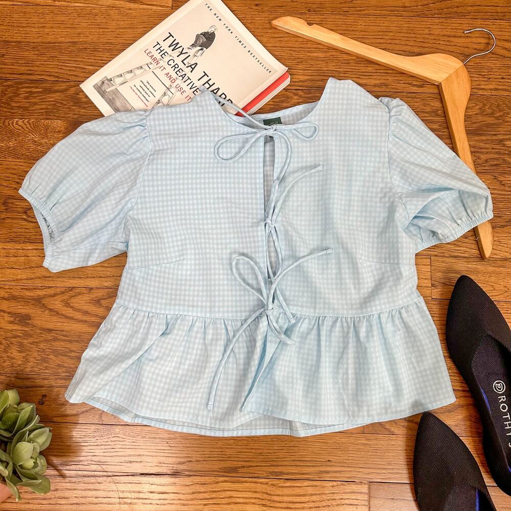 Wild Fable Light Blue & White Gingham Tie Front Blouse